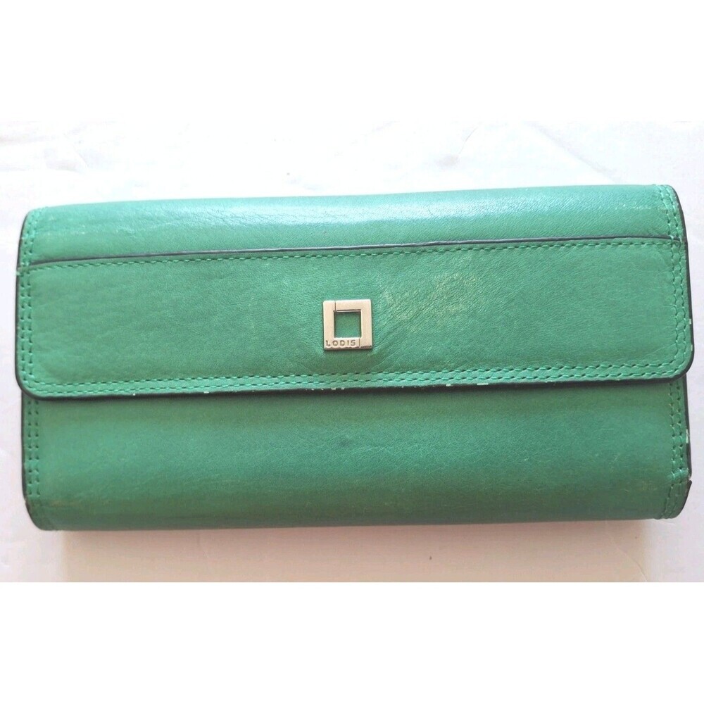 Lodis Trifold Audrey Style Clutch Wallet Green Leather Checkbook Tri-Fold Snap